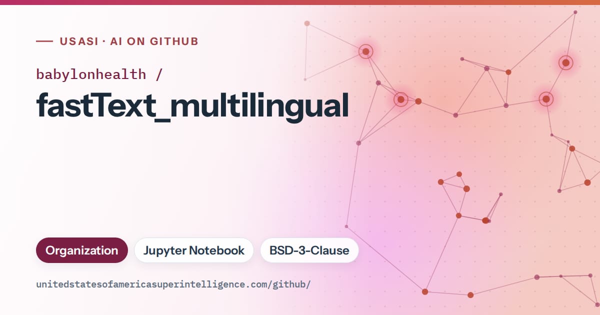 Generated pink constellation network artwork for babylonhealth/fastText_multilingual, labeled USASI · AI on GitHub, with Organization · Jupyter Notebook · BSD-3-Clause.