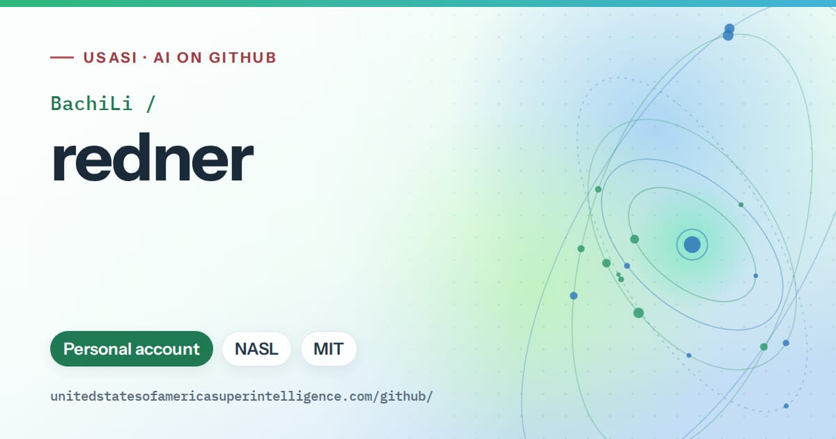 Generated teal orbit artwork for BachiLi/redner, labeled USASI · AI on GitHub, with Personal account · NASL · MIT.
