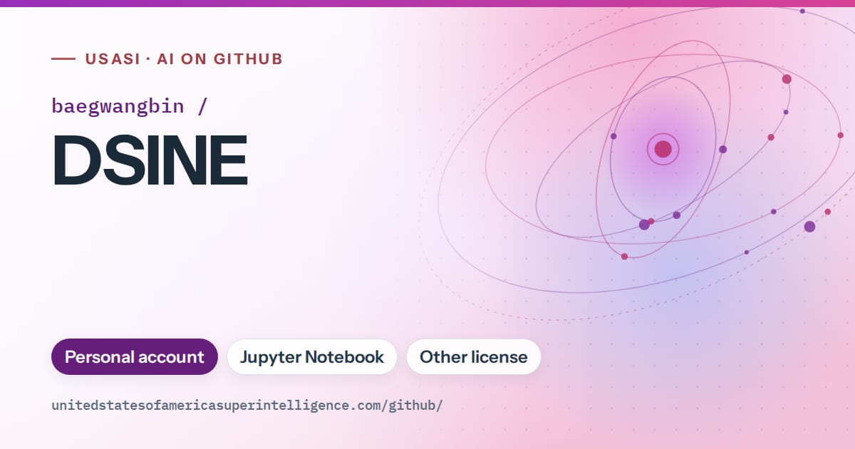 Generated purple orbit artwork for baegwangbin/DSINE, labeled USASI · AI on GitHub, with Personal account · Jupyter Notebook · Other license.