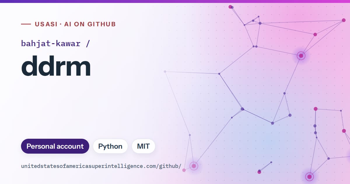 Generated violet constellation network artwork for bahjat-kawar/ddrm, labeled USASI · AI on GitHub, with Personal account · Python · MIT.