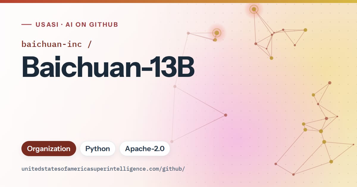 Generated red constellation network artwork for baichuan-inc/Baichuan-13B, labeled USASI · AI on GitHub, with Organization · Python · Apache-2.0.