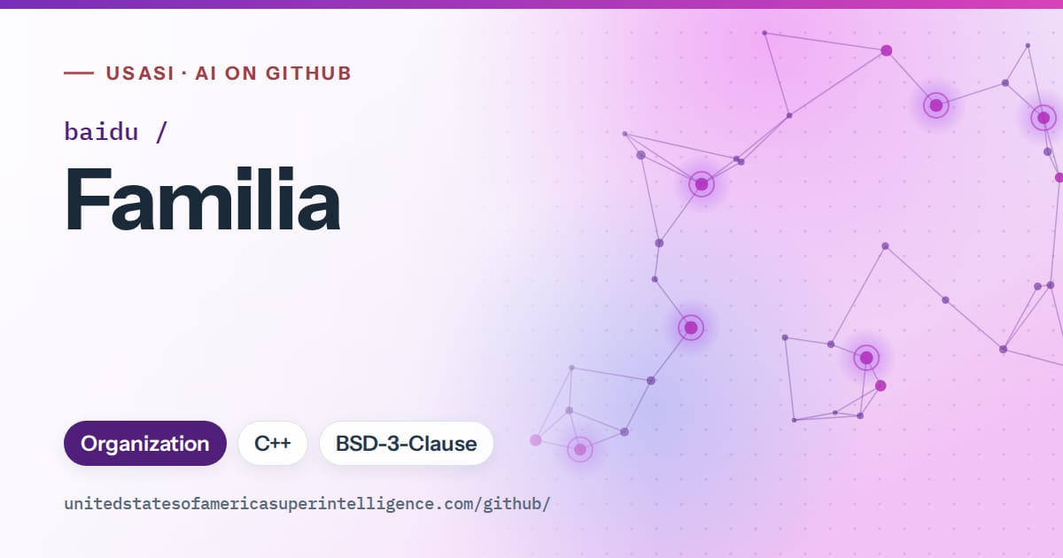 Generated violet constellation network artwork for baidu/Familia, labeled USASI · AI on GitHub, with Organization · C++ · BSD-3-Clause.