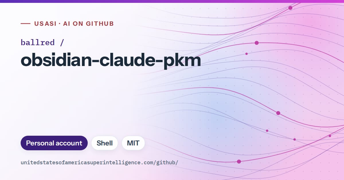 Generated violet flowing-wave artwork for ballred/obsidian-claude-pkm, labeled USASI · AI on GitHub, with Personal account · Shell · MIT.