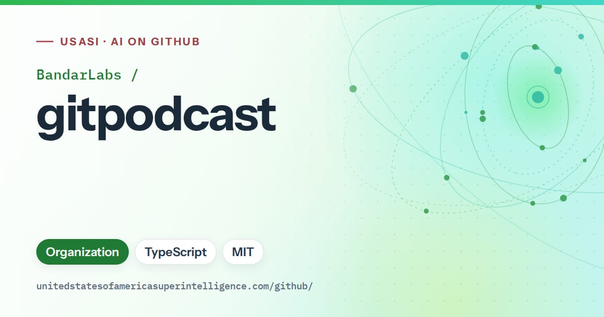 Generated green orbit artwork for BandarLabs/gitpodcast, labeled USASI · AI on GitHub, with Organization · TypeScript · MIT.