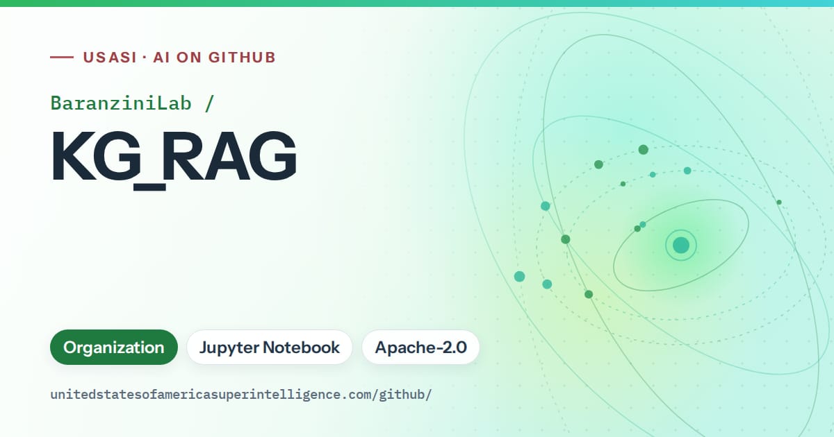 Generated green orbit artwork for BaranziniLab/KG_RAG, labeled USASI · AI on GitHub, with Organization · Jupyter Notebook · Apache-2.0.
