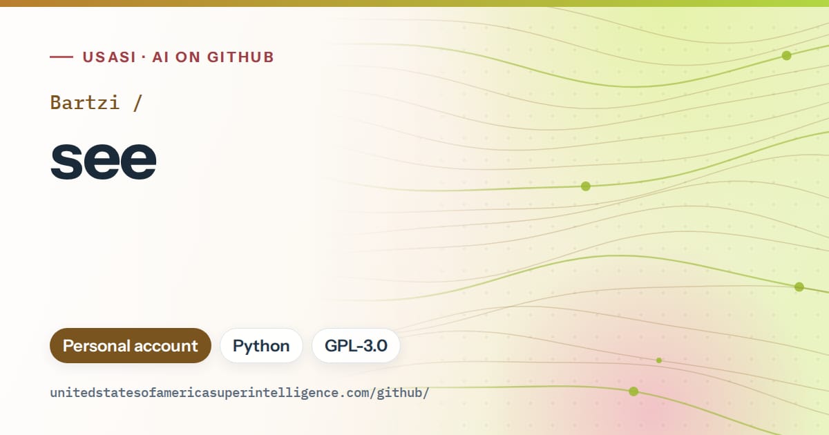 Generated orange flowing-wave artwork for Bartzi/see, labeled USASI · AI on GitHub, with Personal account · Python · GPL-3.0.