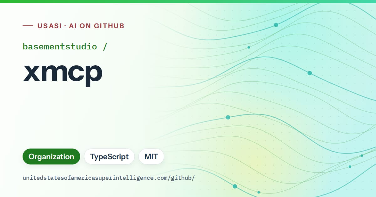 Generated green flowing-wave artwork for basementstudio/xmcp, labeled USASI · AI on GitHub, with Organization · TypeScript · MIT.