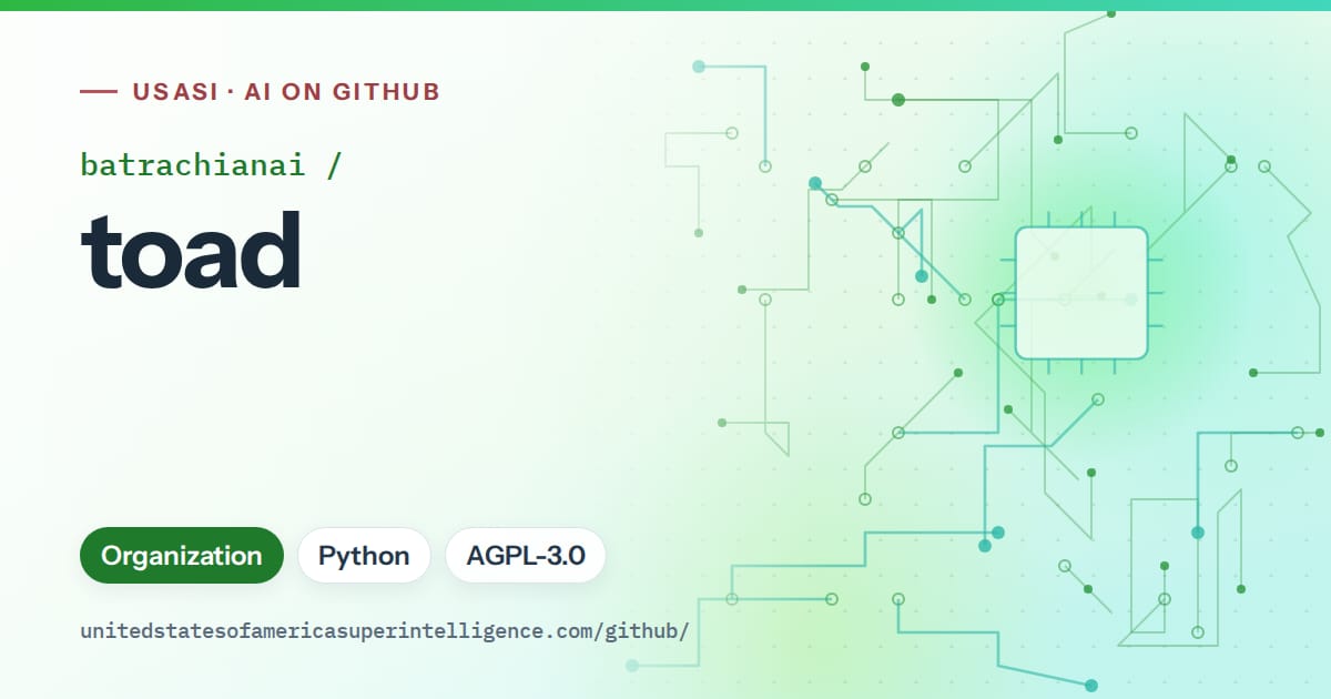 Generated green circuit-trace artwork for batrachianai/toad, labeled USASI · AI on GitHub, with Organization · Python · AGPL-3.0.