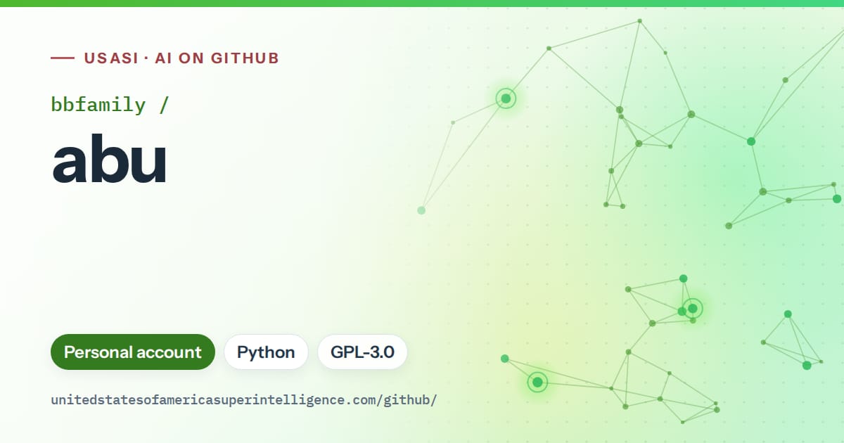 Generated green constellation network artwork for bbfamily/abu, labeled USASI · AI on GitHub, with Personal account · Python · GPL-3.0.