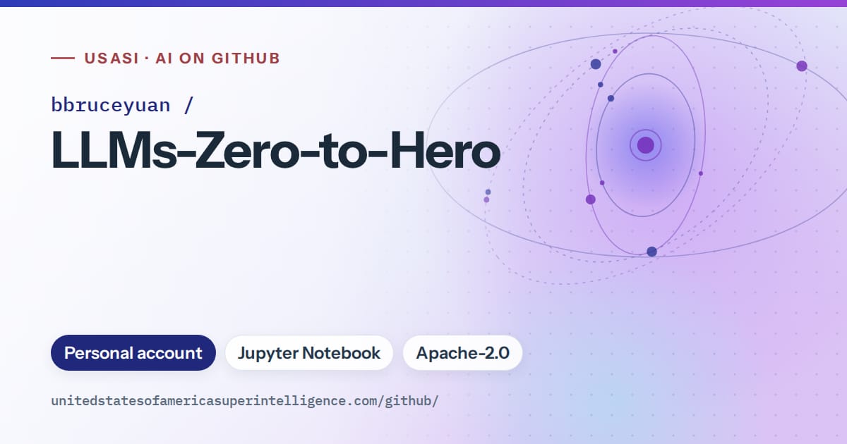 Generated blue orbit artwork for bbruceyuan/LLMs-Zero-to-Hero, labeled USASI · AI on GitHub, with Personal account · Jupyter Notebook · Apache-2.0.