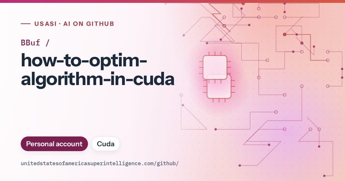 Generated pink circuit-trace artwork for BBuf/how-to-optim-algorithm-in-cuda, labeled USASI · AI on GitHub, with Personal account · Cuda.