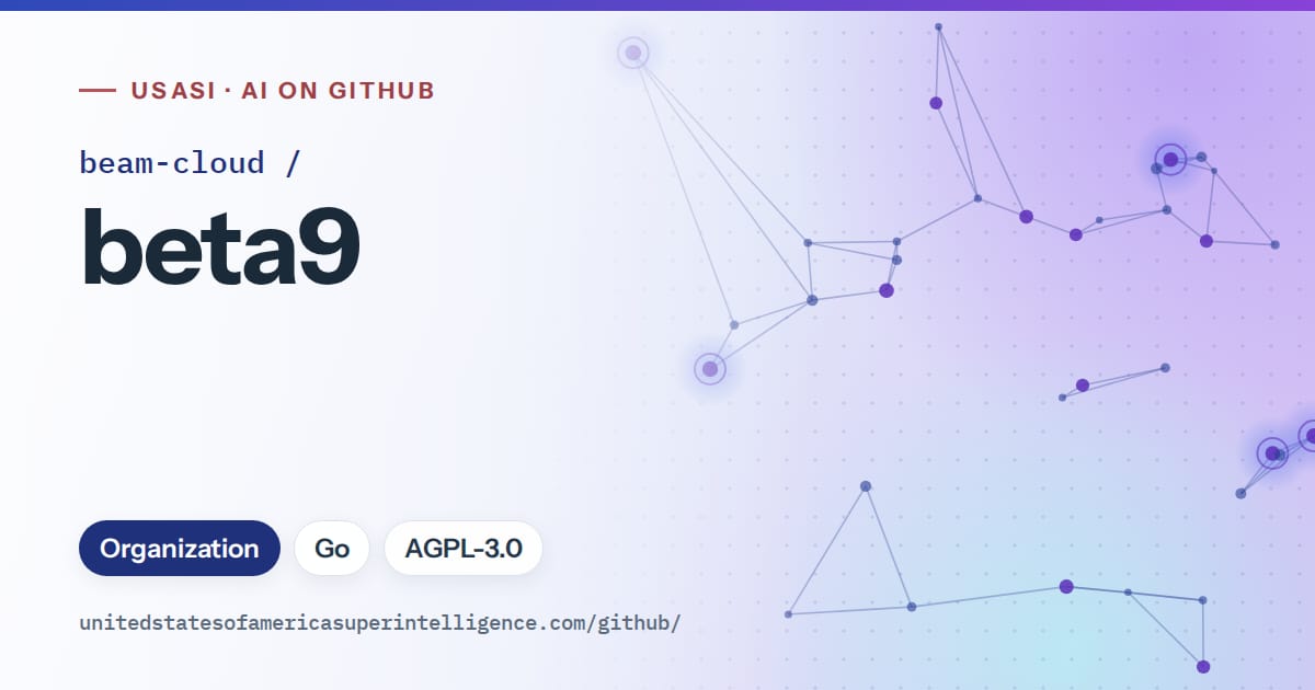 Generated blue constellation network artwork for beam-cloud/beta9, labeled USASI · AI on GitHub, with Organization · Go · AGPL-3.0.