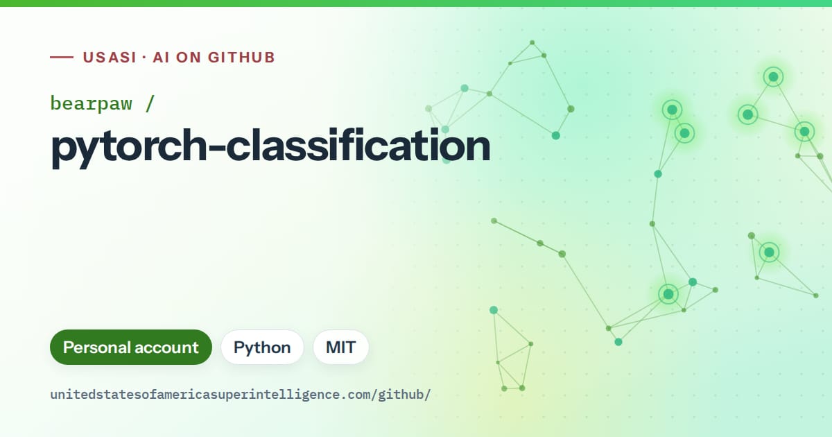 Generated green constellation network artwork for bearpaw/pytorch-classification, labeled USASI · AI on GitHub, with Personal account · Python · MIT.