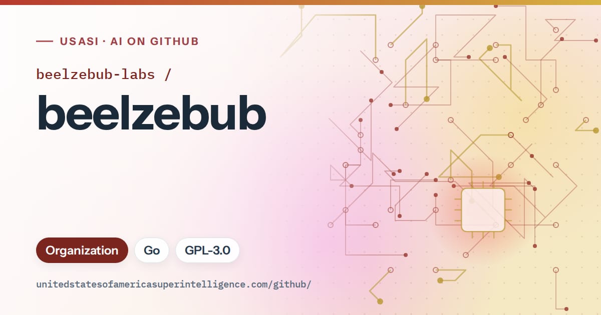 Generated red circuit-trace artwork for beelzebub-labs/beelzebub, labeled USASI · AI on GitHub, with Organization · Go · GPL-3.0.