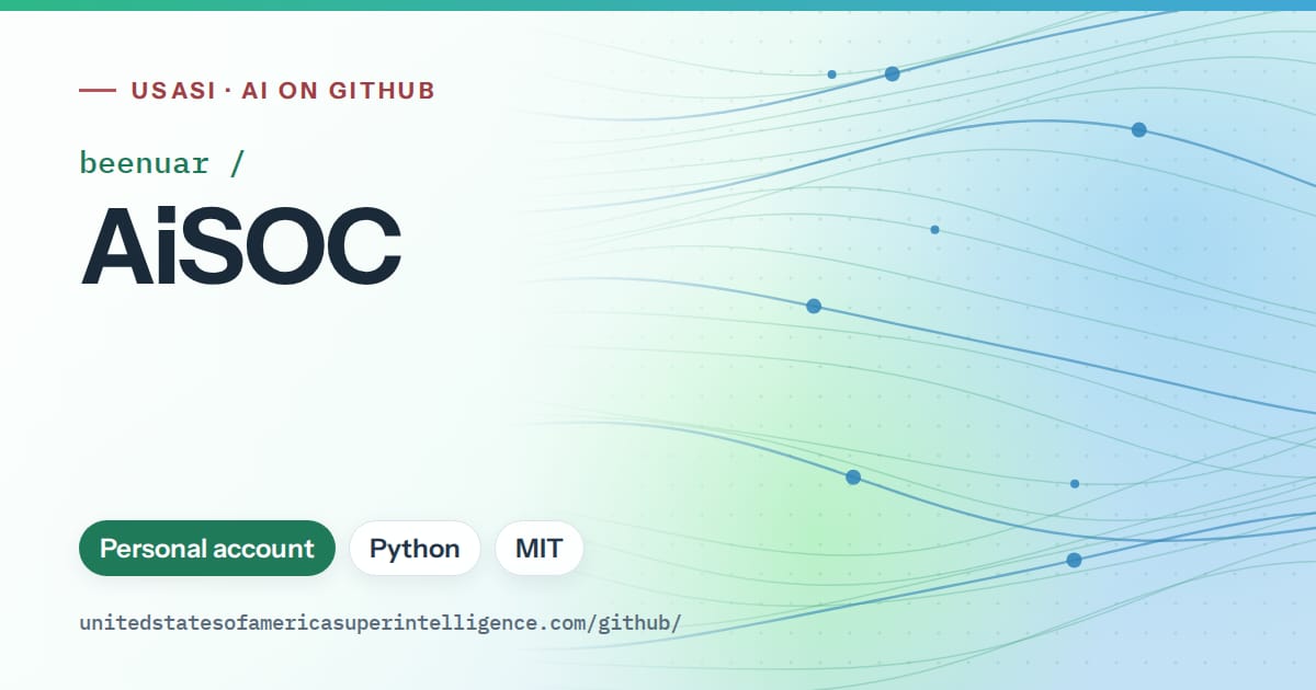 Generated teal flowing-wave artwork for beenuar/AiSOC, labeled USASI · AI on GitHub, with Personal account · Python · MIT.