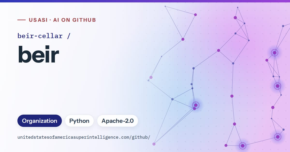 Generated blue constellation network artwork for beir-cellar/beir, labeled USASI · AI on GitHub, with Organization · Python · Apache-2.0.