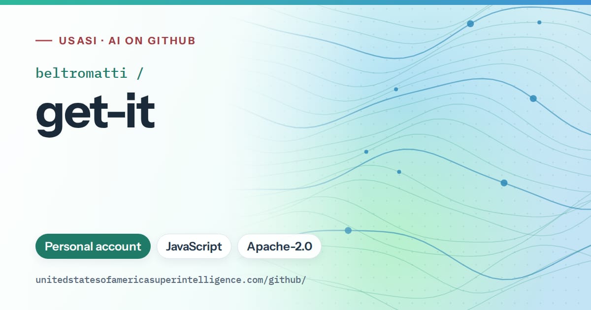 Generated teal flowing-wave artwork for beltromatti/get-it, labeled USASI · AI on GitHub, with Personal account · JavaScript · Apache-2.0.