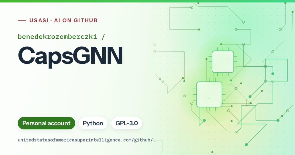 Generated green circuit-trace artwork for benedekrozemberczki/CapsGNN, labeled USASI · AI on GitHub, with Personal account · Python · GPL-3.0.