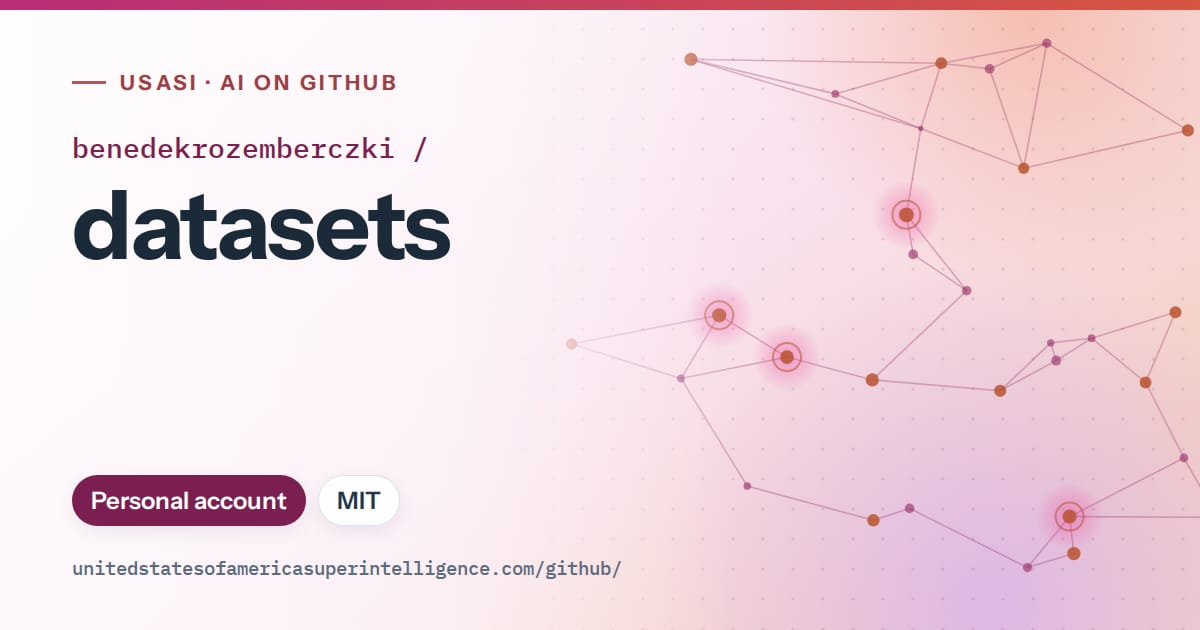 Generated pink constellation network artwork for benedekrozemberczki/datasets, labeled USASI · AI on GitHub, with Personal account · MIT.