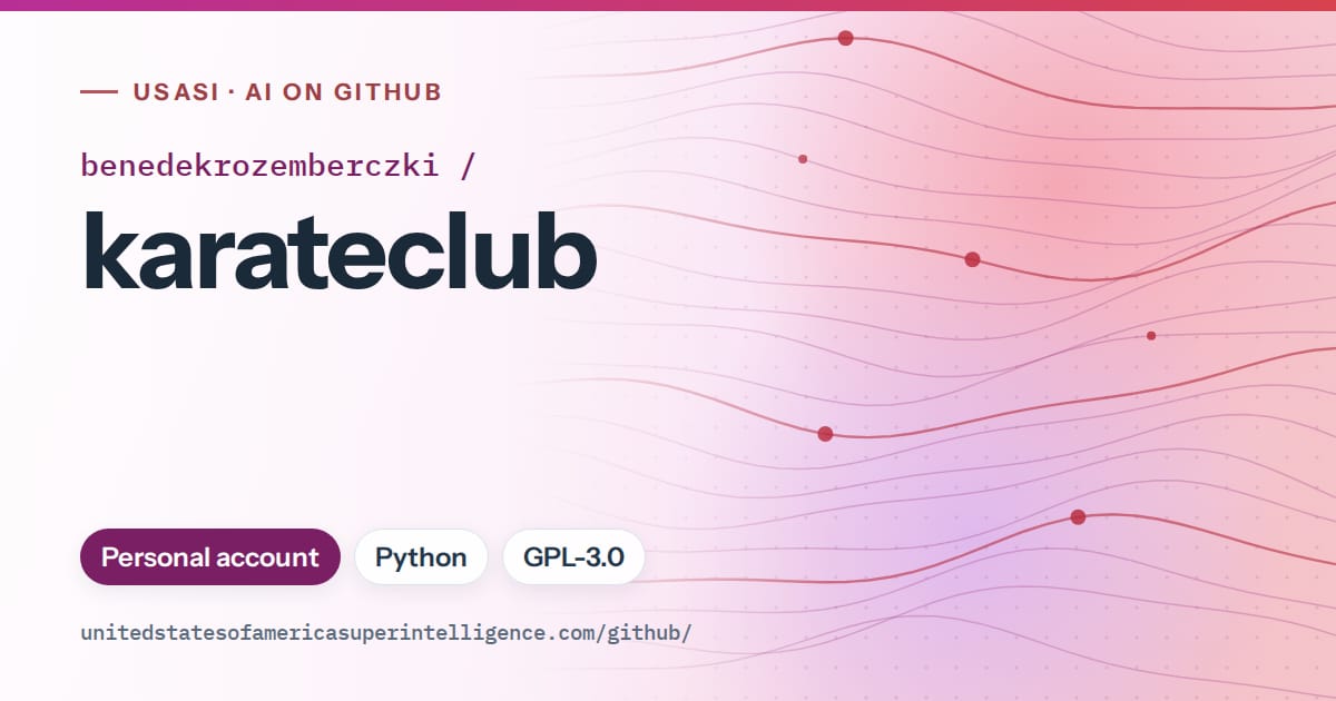 Generated purple flowing-wave artwork for benedekrozemberczki/karateclub, labeled USASI · AI on GitHub, with Personal account · Python · GPL-3.0.