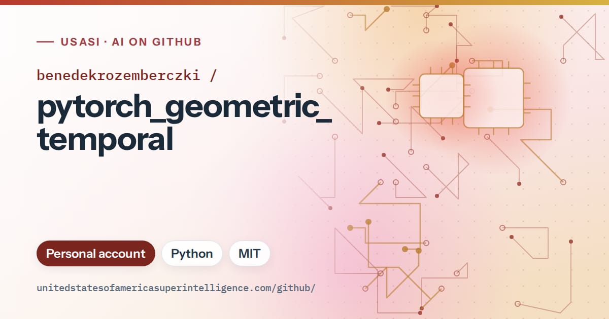 Generated red circuit-trace artwork for benedekrozemberczki/pytorch_geometric_temporal, labeled USASI · AI on GitHub, with Personal account · Python · MIT.