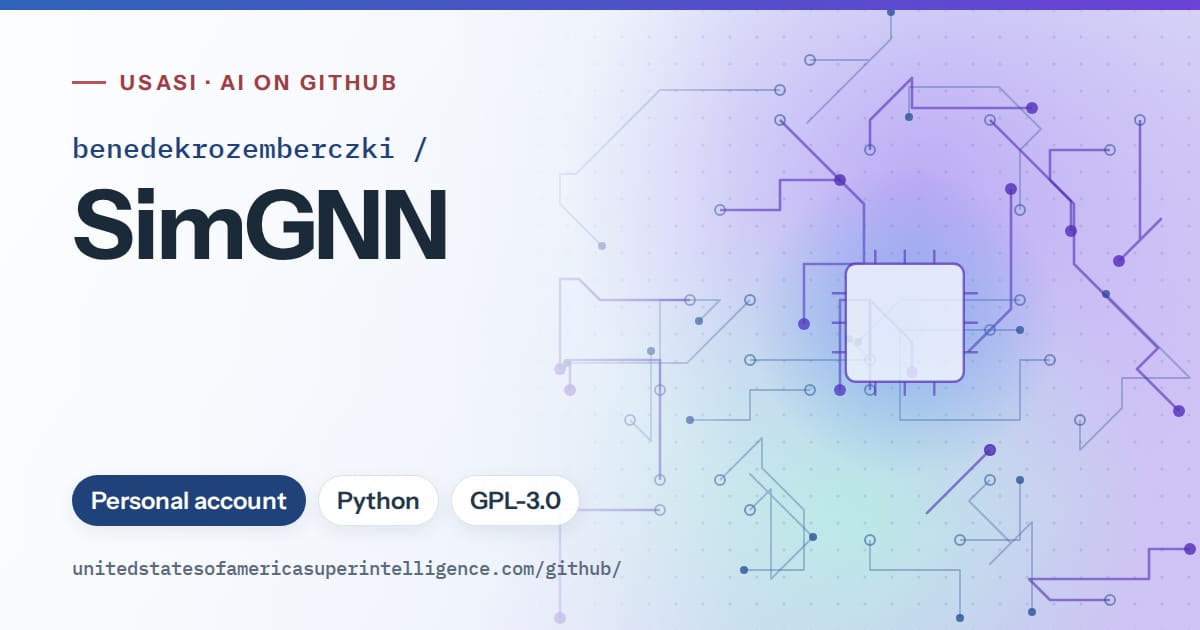 Generated blue circuit-trace artwork for benedekrozemberczki/SimGNN, labeled USASI · AI on GitHub, with Personal account · Python · GPL-3.0.