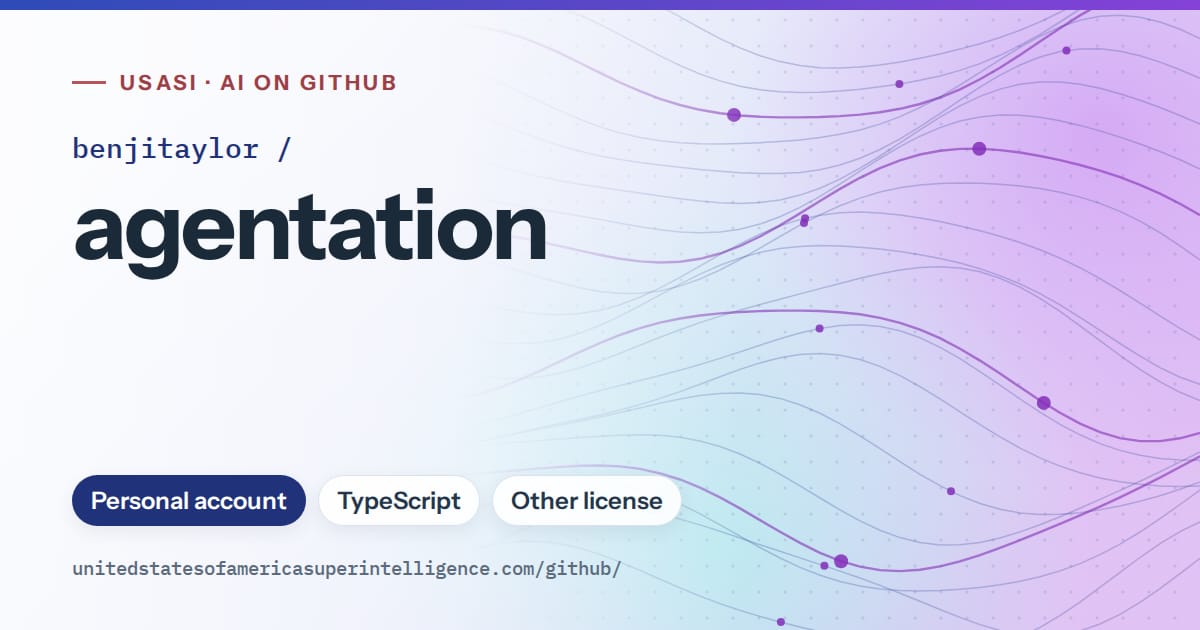 Generated blue flowing-wave artwork for benjitaylor/agentation, labeled USASI · AI on GitHub, with Personal account · TypeScript · Other license.