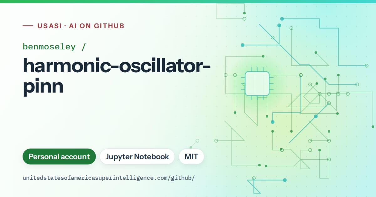 Generated green circuit-trace artwork for benmoseley/harmonic-oscillator-pinn, labeled USASI · AI on GitHub, with Personal account · Jupyter Notebook · MIT.