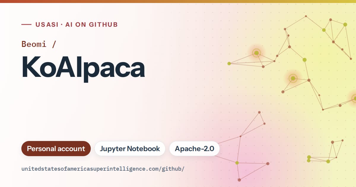 Generated red constellation network artwork for Beomi/KoAlpaca, labeled USASI · AI on GitHub, with Personal account · Jupyter Notebook · Apache-2.0.