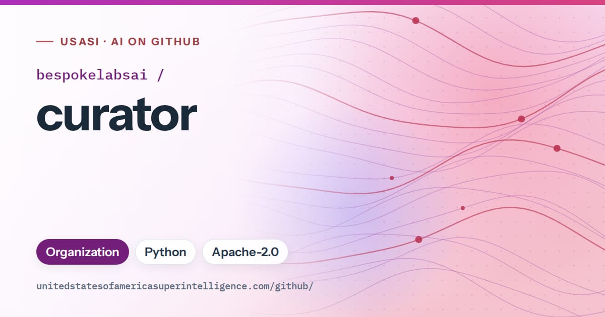Generated purple flowing-wave artwork for bespokelabsai/curator, labeled USASI · AI on GitHub, with Organization · Python · Apache-2.0.