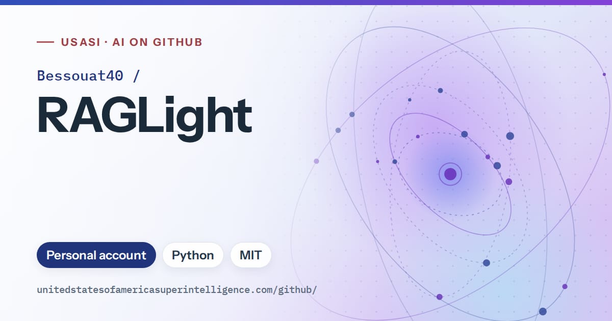 Generated blue orbit artwork for Bessouat40/RAGLight, labeled USASI · AI on GitHub, with Personal account · Python · MIT.