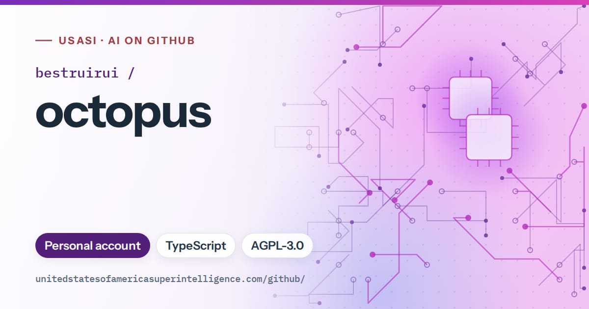 Generated violet circuit-trace artwork for bestruirui/octopus, labeled USASI · AI on GitHub, with Personal account · TypeScript · AGPL-3.0.