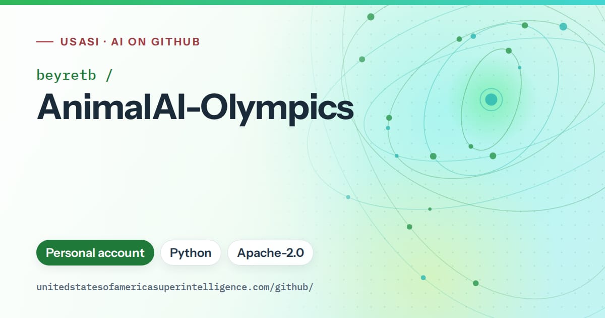 Generated green orbit artwork for beyretb/AnimalAI-Olympics, labeled USASI · AI on GitHub, with Personal account · Python · Apache-2.0.