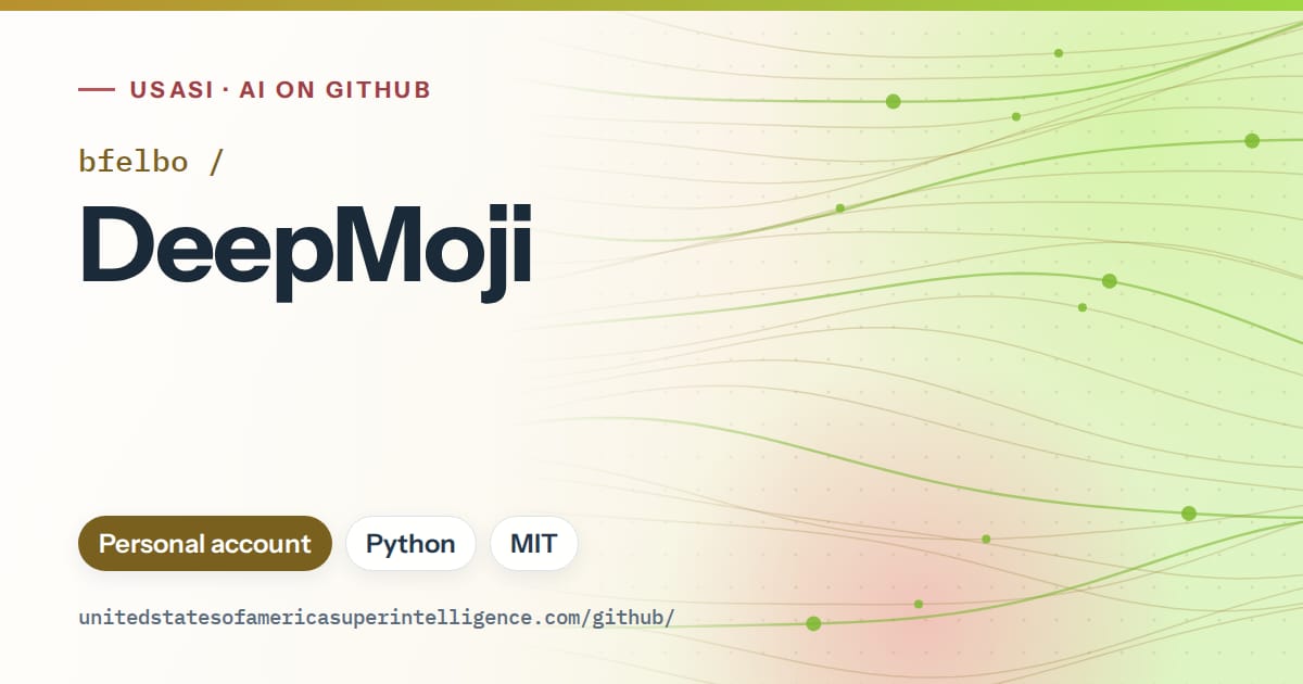 Generated orange flowing-wave artwork for bfelbo/DeepMoji, labeled USASI · AI on GitHub, with Personal account · Python · MIT.