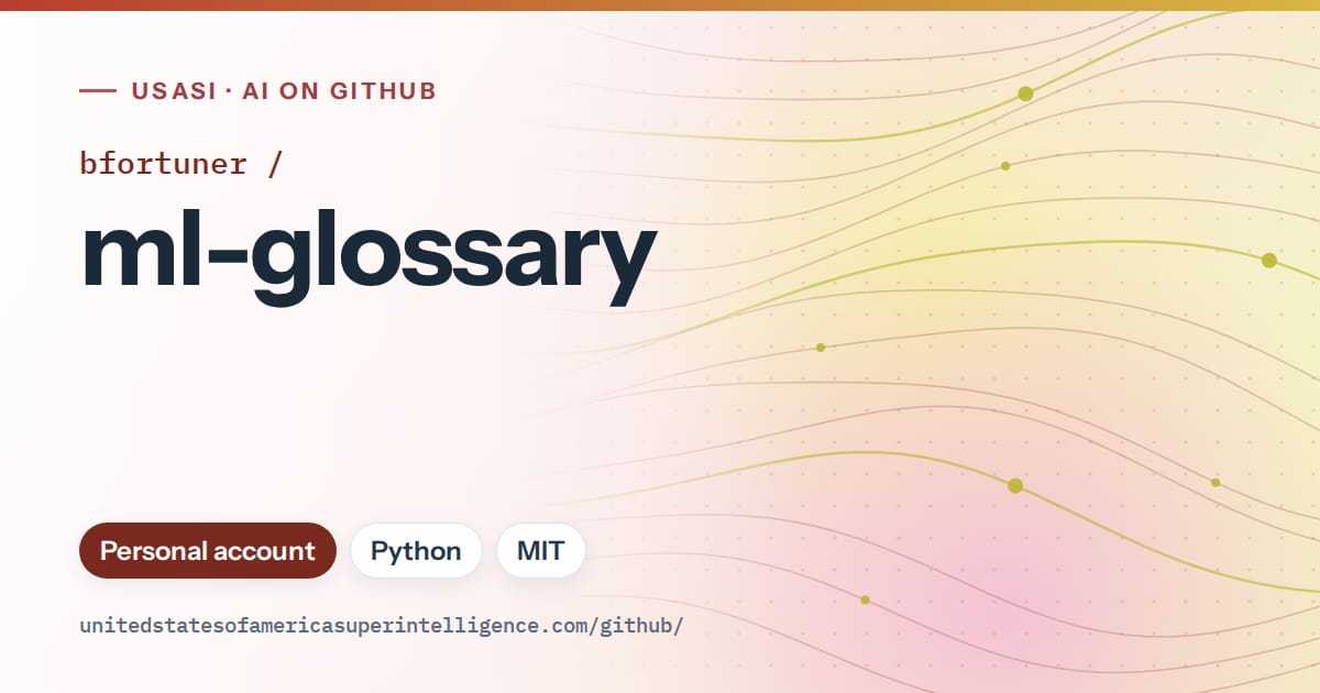 Generated red flowing-wave artwork for bfortuner/ml-glossary, labeled USASI · AI on GitHub, with Personal account · Python · MIT.