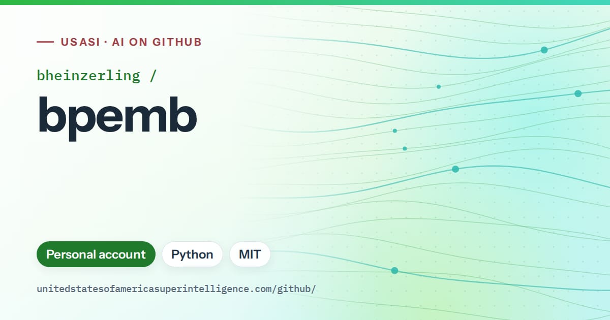 Generated green flowing-wave artwork for bheinzerling/bpemb, labeled USASI · AI on GitHub, with Personal account · Python · MIT.