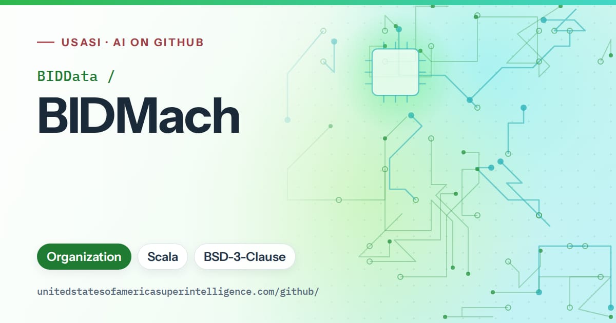 Generated green circuit-trace artwork for BIDData/BIDMach, labeled USASI · AI on GitHub, with Organization · Scala · BSD-3-Clause.