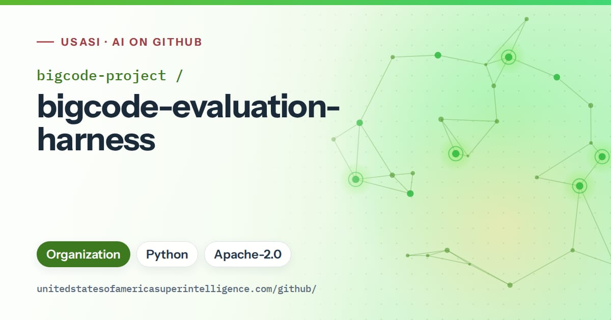 Generated green constellation network artwork for bigcode-project/bigcode-evaluation-harness, labeled USASI · AI on GitHub, with Organization · Python · Apache-2.0.