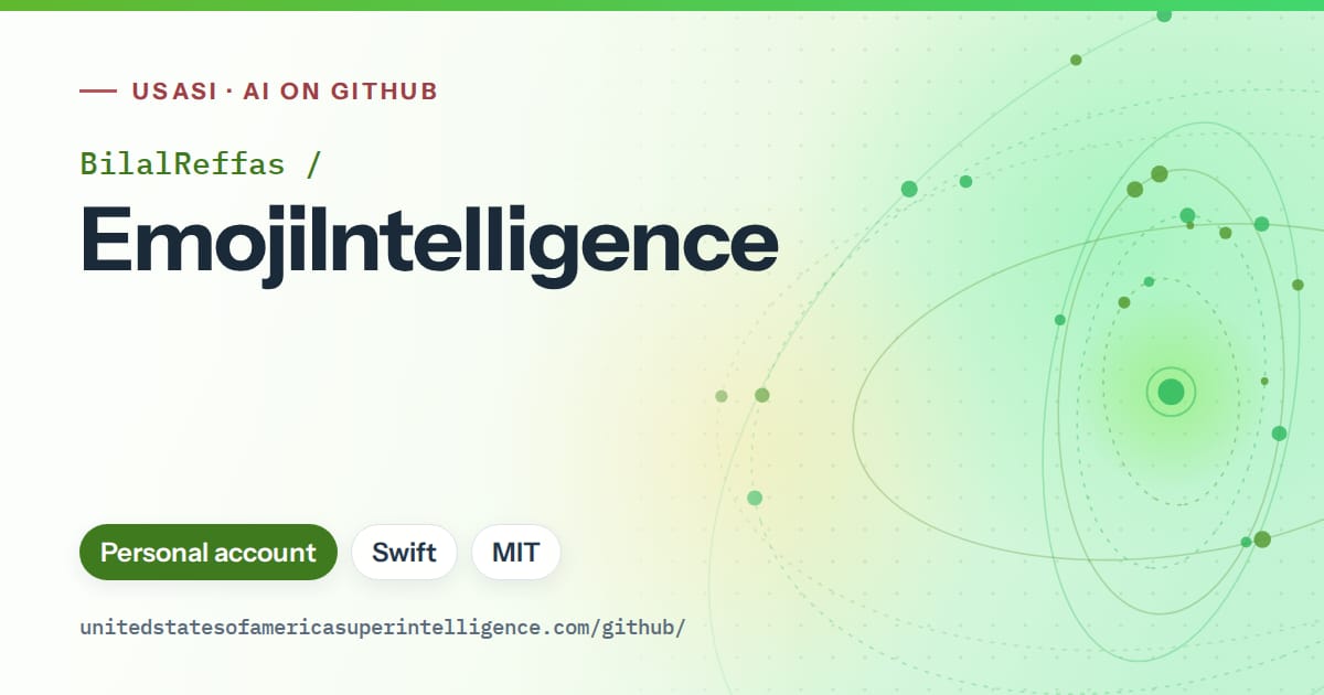 Generated green orbit artwork for BilalReffas/EmojiIntelligence, labeled USASI · AI on GitHub, with Personal account · Swift · MIT.