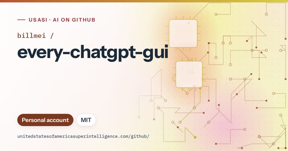 Generated orange circuit-trace artwork for billmei/every-chatgpt-gui, labeled USASI · AI on GitHub, with Personal account · MIT.