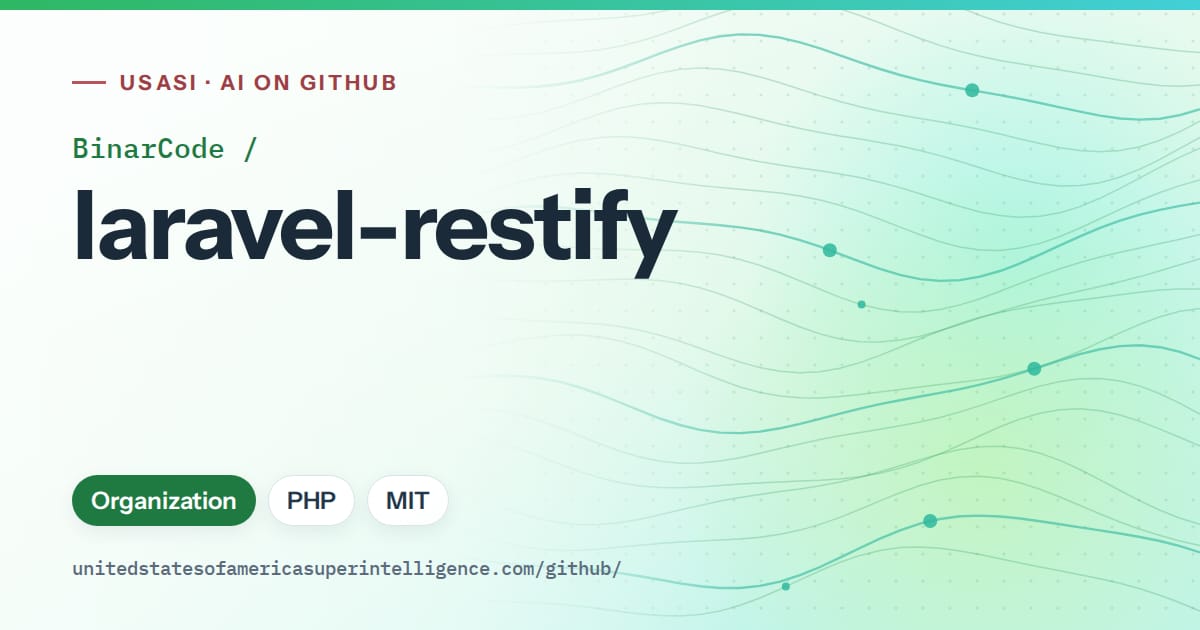 Generated green flowing-wave artwork for BinarCode/laravel-restify, labeled USASI · AI on GitHub, with Organization · PHP · MIT.