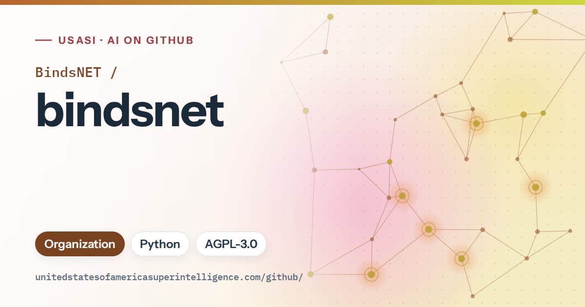 Generated orange constellation network artwork for BindsNET/bindsnet, labeled USASI · AI on GitHub, with Organization · Python · AGPL-3.0.
