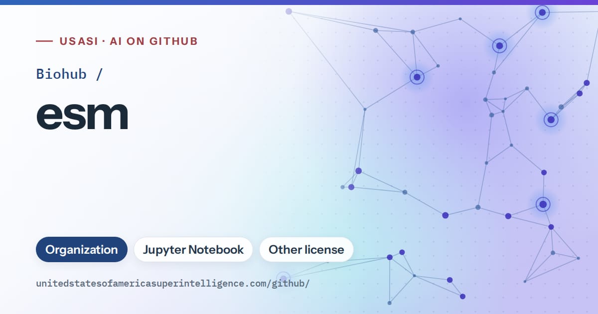 Generated blue constellation network artwork for Biohub/esm, labeled USASI · AI on GitHub, with Organization · Jupyter Notebook · Other license.
