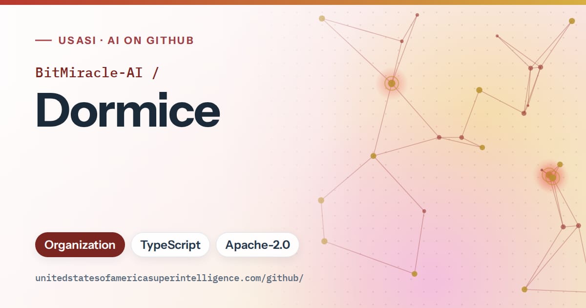 Generated red constellation network artwork for BitMiracle-AI/Dormice, labeled USASI · AI on GitHub, with Organization · TypeScript · Apache-2.0.