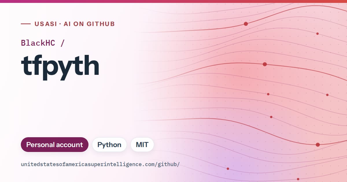 Generated pink flowing-wave artwork for BlackHC/tfpyth, labeled USASI · AI on GitHub, with Personal account · Python · MIT.