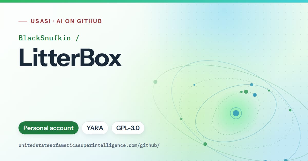 Generated green orbit artwork for BlackSnufkin/LitterBox, labeled USASI · AI on GitHub, with Personal account · YARA · GPL-3.0.