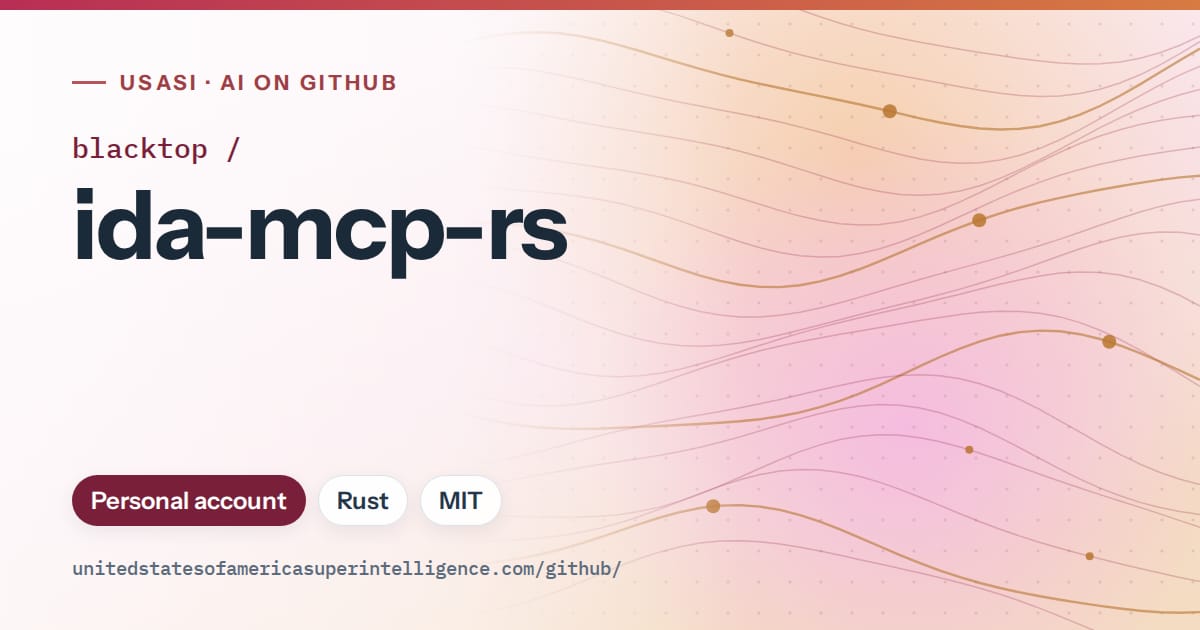 Generated pink flowing-wave artwork for blacktop/ida-mcp-rs, labeled USASI · AI on GitHub, with Personal account · Rust · MIT.