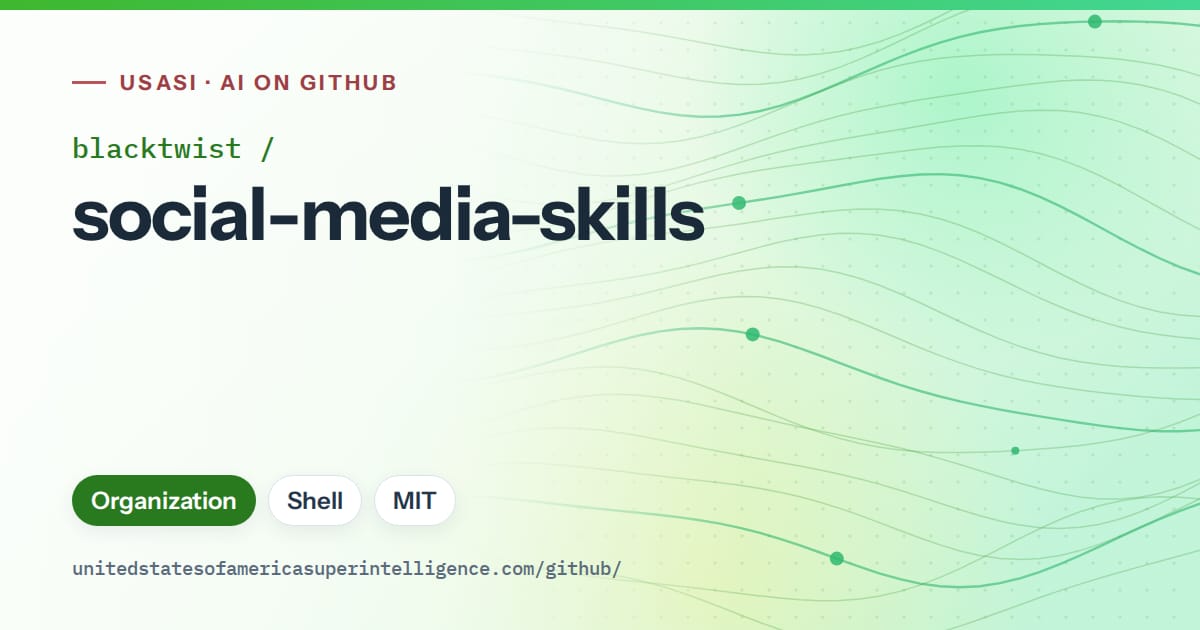 Generated green flowing-wave artwork for blacktwist/social-media-skills, labeled USASI · AI on GitHub, with Organization · Shell · MIT.