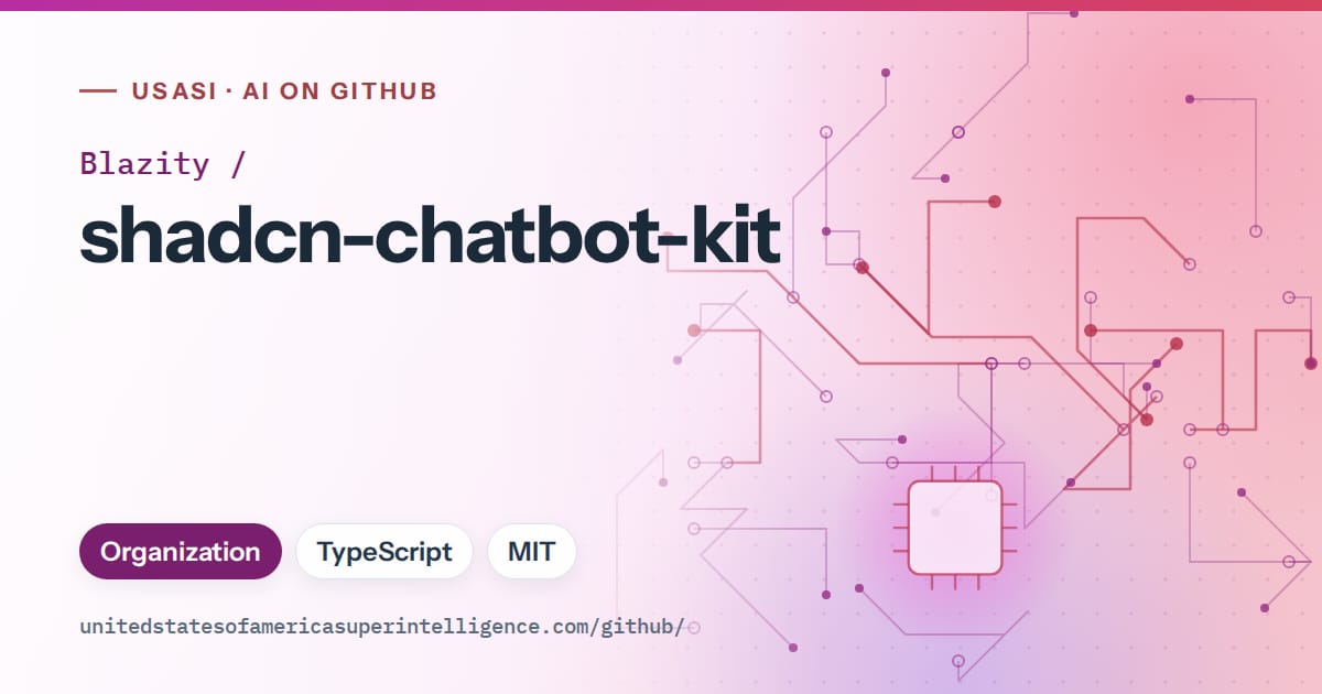Generated purple circuit-trace artwork for Blazity/shadcn-chatbot-kit, labeled USASI · AI on GitHub, with Organization · TypeScript · MIT.