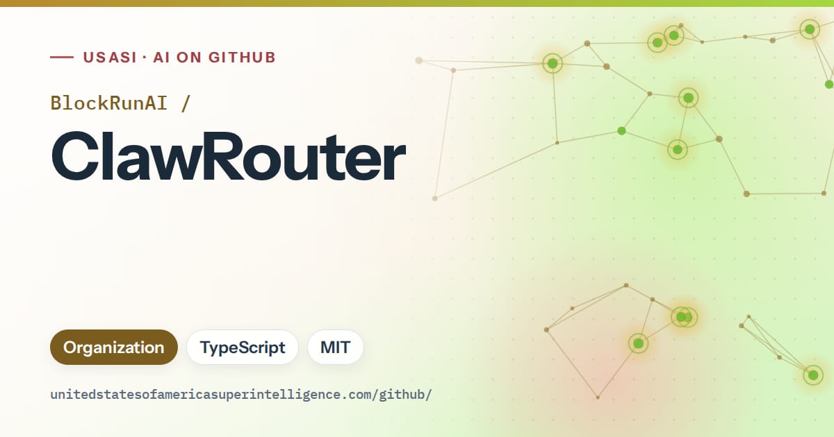 Generated orange constellation network artwork for BlockRunAI/ClawRouter, labeled USASI · AI on GitHub, with Organization · TypeScript · MIT.